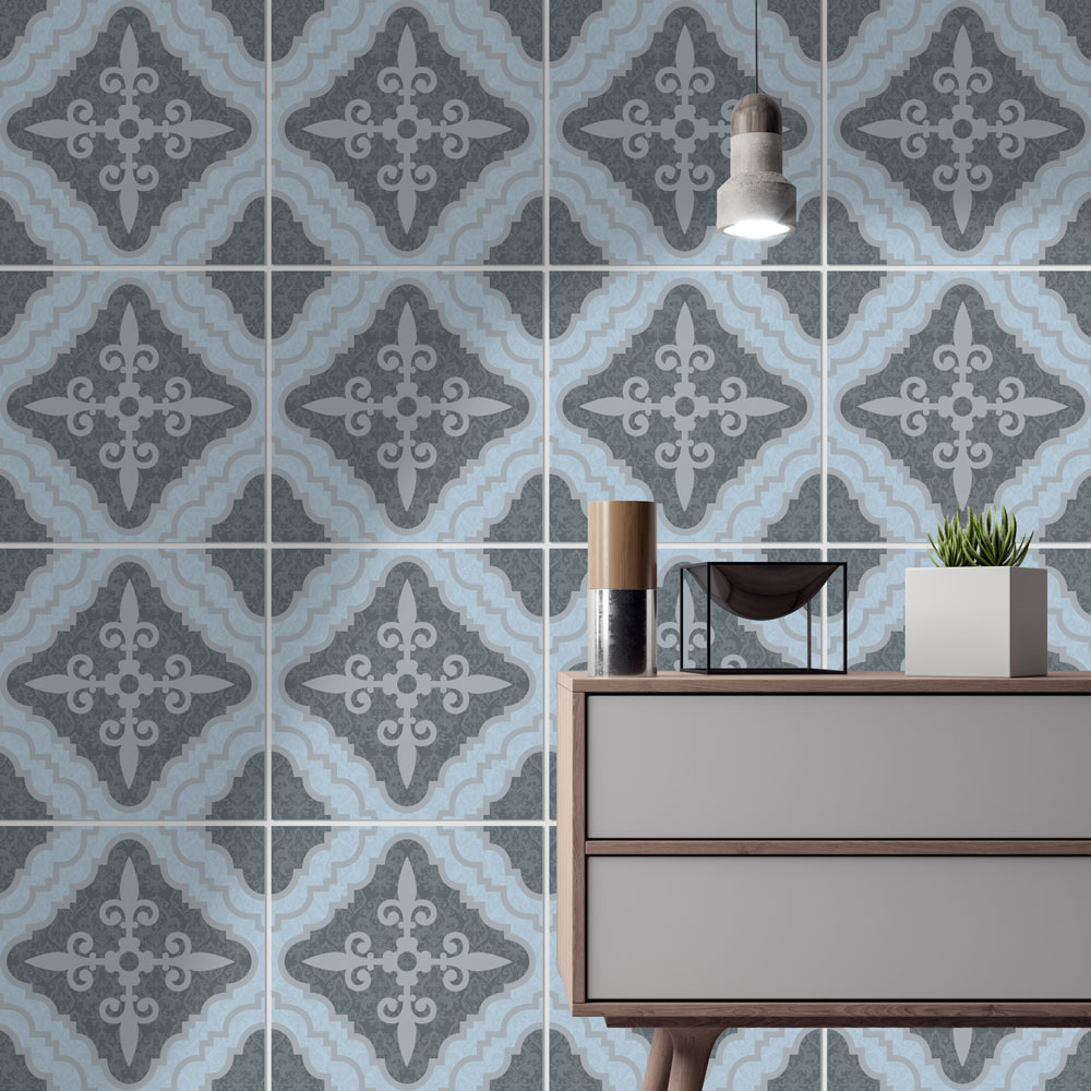 | Casadart | Vinis Autocolantes, Papel de Parede e Painéis Decorativos Interior scene with blue-gray patterned tiled wall and a mid-century dresser topped with a lamp, plant, and decorative items.