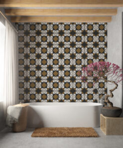 Bathroom scene featuring a white freestanding tub, a bold geometric tile wall in black, white, and gold, and exposed wooden ceiling beams.