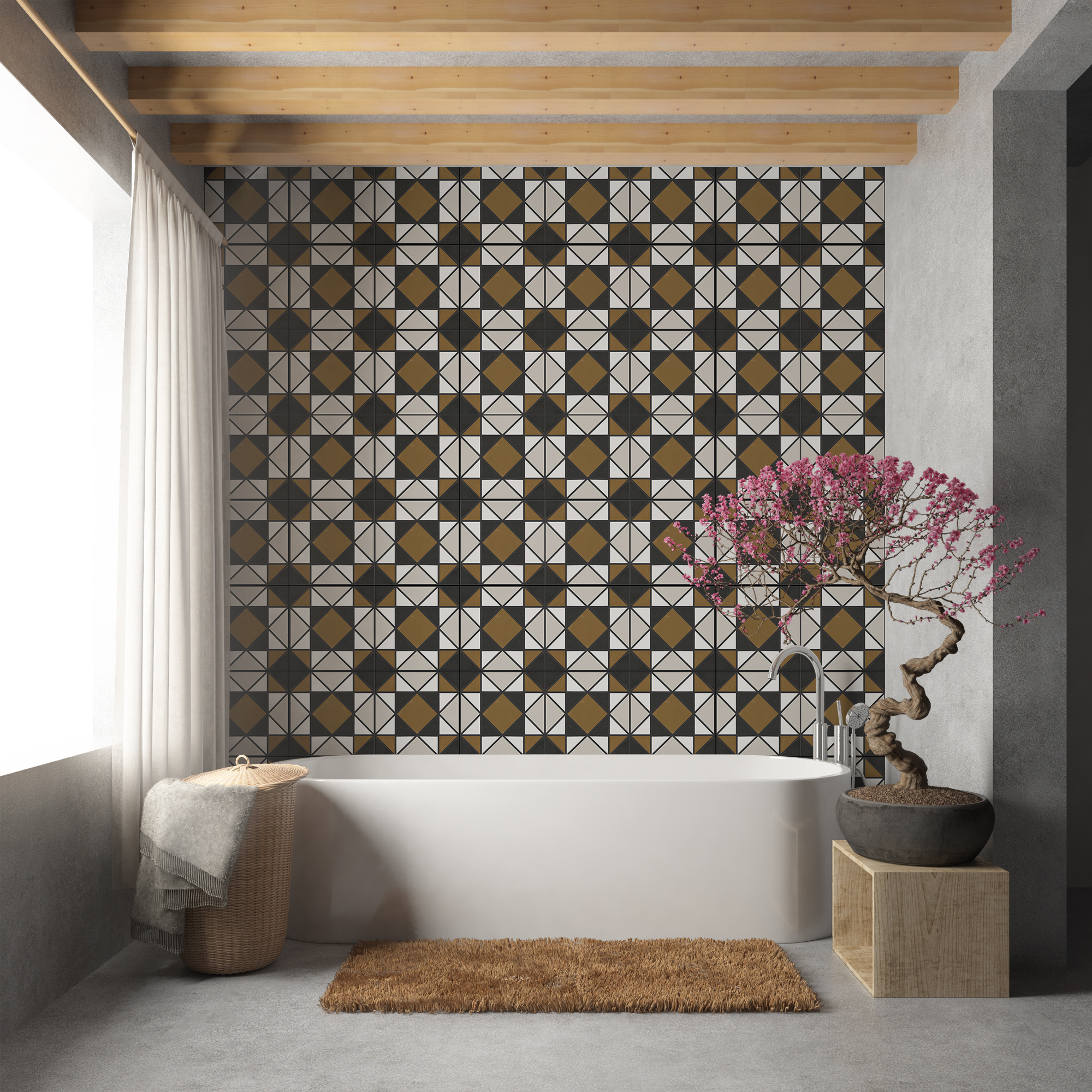 3 | Casadart | Vinis Autocolantes, Papel de Parede e Painéis Decorativos Bathroom scene featuring a white freestanding tub, a bold geometric tile wall in black, white, and gold, and exposed wooden ceiling beams.