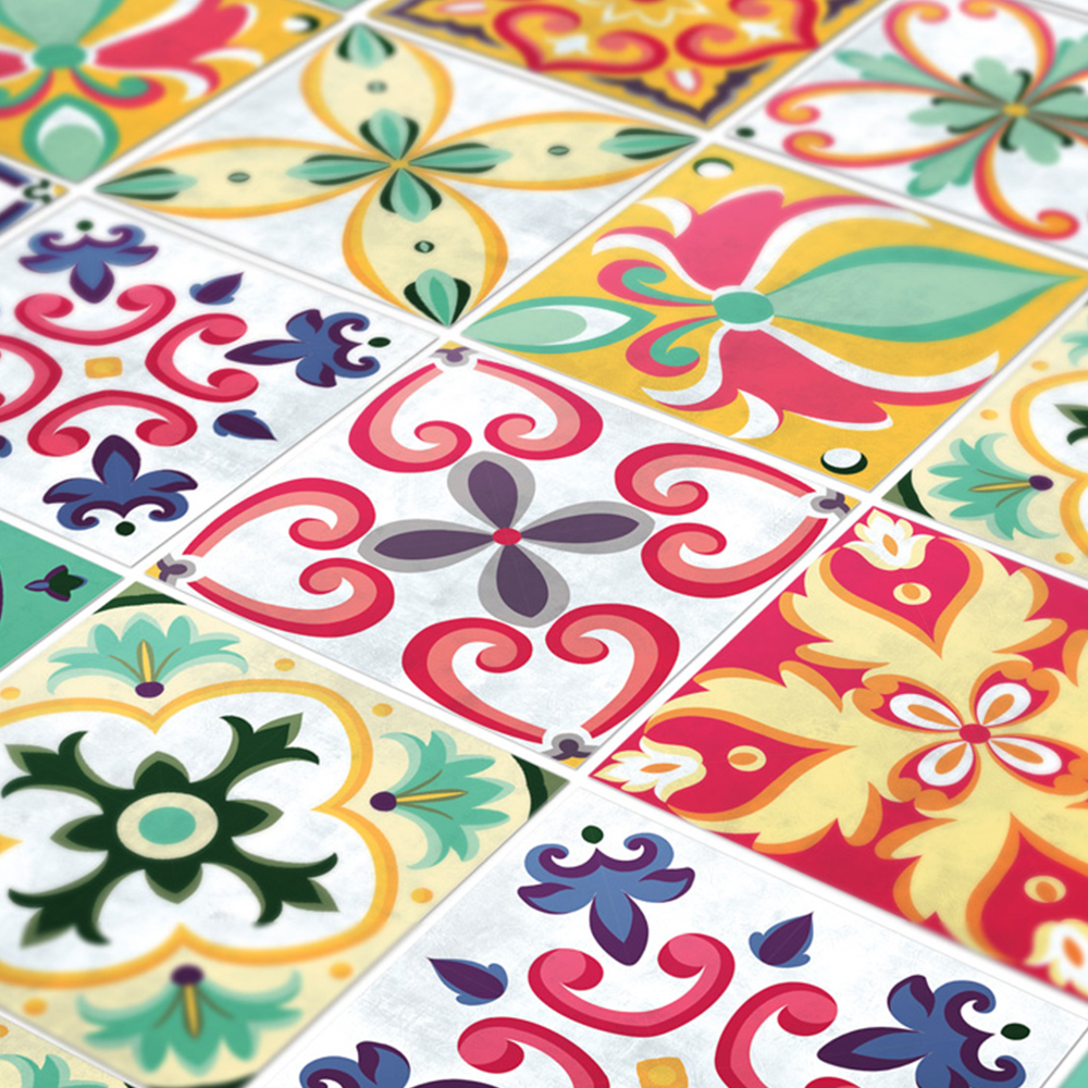 3 | Casadart | Vinis Autocolantes, Papel de Parede e Painéis Decorativos Colorful decorative ceramic tiles with floral and scroll motifs in red, yellow, green, and blue.