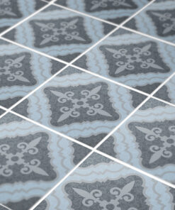 Patterned tile floor with repeating blue-gray ornamental motifs in a diamond grid.