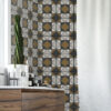 | Casadart | Vinis Autocolantes, Papel de Parede e Painéis Decorativos Tall cactus in a white pot sits on a wooden counter beside a bold geometric tile wall in gray, black, white and gold; white curtain on the right.