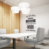 | Casadart | Vinis Autocolantes, Papel de Parede e Painéis Decorativos Conference room with a white table, gray chairs, wooden wall panels, and a wall quote: 'the only place where SUCCESS comes before WORK is in the dictionary'.