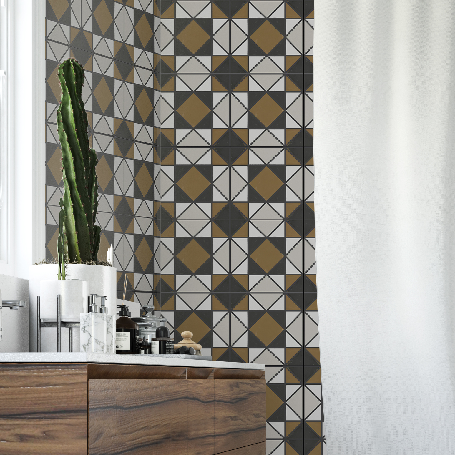 | Casadart | Vinis Autocolantes, Papel de Parede e Painéis Decorativos Tall cactus in a white pot sits on a wooden counter beside a bold geometric tile wall in gray, black, white and gold; white curtain on the right.