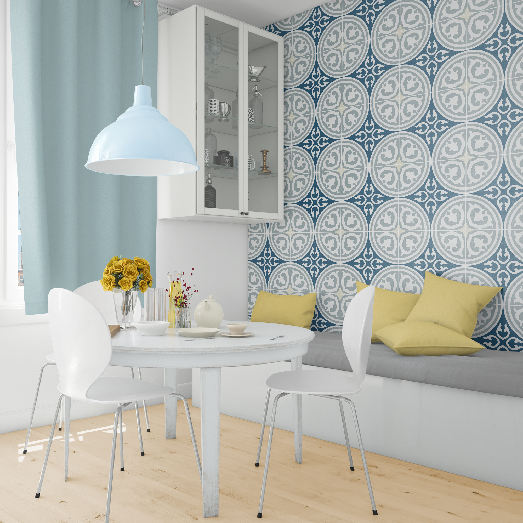 | Casadart | Vinis Autocolantes, Papel de Parede e Painéis Decorativos Dining area with white table and chairs, blue pendant light, yellow vase of roses, and a glass-front cabinet against intricately patterned blue wallpaper.