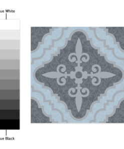 Decorative grayscale wallpaper design with blue-gray accent and an ornate central motif; color swatch column on the left labeled True White to True Black.