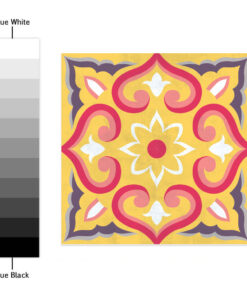 Decorative square tile with a yellow background and pink-red scrolling motifs, white central flower, and purple border; to the left a grayscale color swatch labeled from True White to True Black.