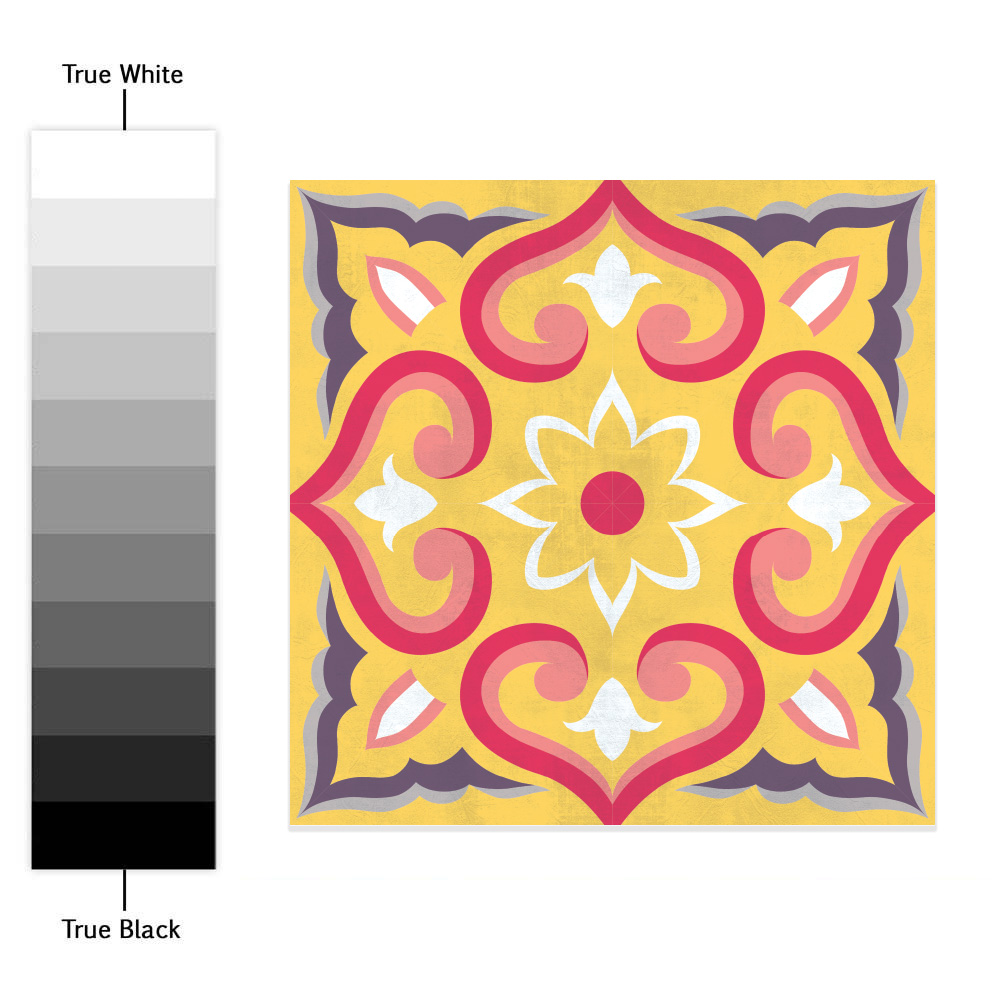 7Seville-Tile-Stickers-Escala | Casadart | Vinis Autocolantes, Papel de Parede e Painéis Decorativos Decorative square tile with a yellow background and pink-red scrolling motifs, white central flower, and purple border; to the left a grayscale color swatch labeled from True White to True Black.