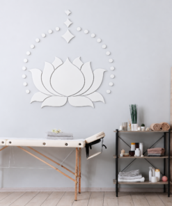 | Casadart | Vinis Autocolantes, Papel de Parede e Painéis Decorativos Spa treatment room with a wooden massage table, towels, candles, and a large white lotus mandala on a light gray wall.