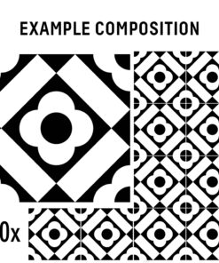 Black-and-white geometric tile pattern with floral shapes, shown as a 10-tile composition.