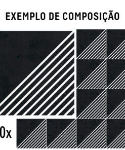 Exemplo de composição gráfica com blocos pretos e listras diagonais brancas, título no topo: 'EXEMPLO DE COMPOSIÇÃO'