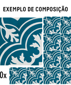 Teal decorative pattern with white scrolling leaves, shown as a large left tile and a right-side grid of repeated tiles (10x).