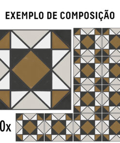 Geometric tile composition: large square with black, beige, white and brown triangles forming a central brown diamond in the center panel (Exemplo de composição).