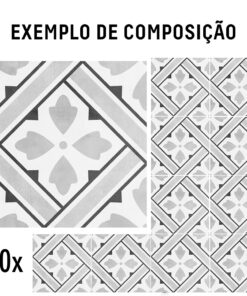 Tile pattern with grey diamonds and four-petal motifs; layout labeled 'Exemplo de composição' and '10x' (grayscale sample).