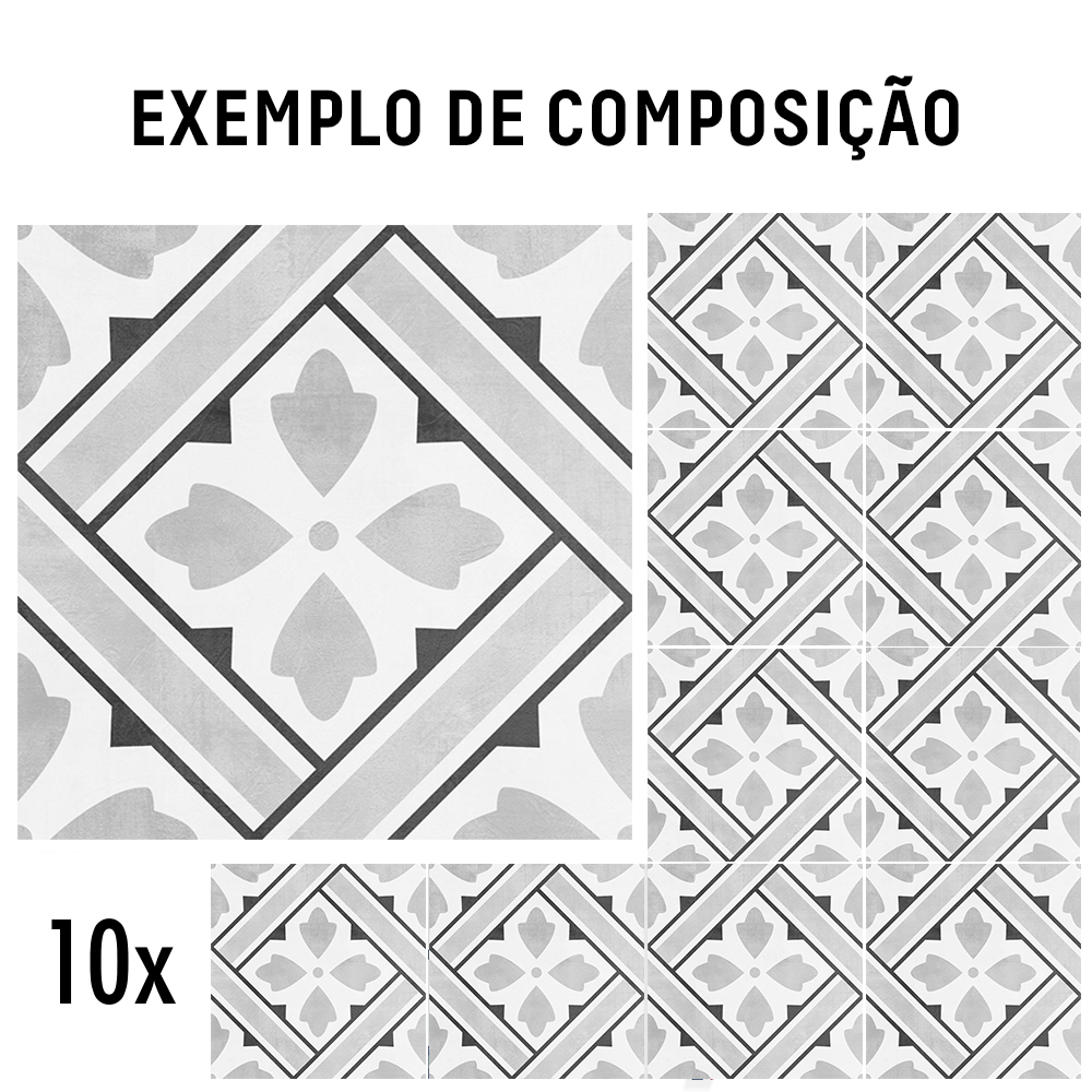 Composition_Pack10-PT | Casadart | Vinis Autocolantes, Papel de Parede e Painéis Decorativos Tile pattern with grey diamonds and four-petal motifs; layout labeled 'Exemplo de composição' and '10x' (grayscale sample).