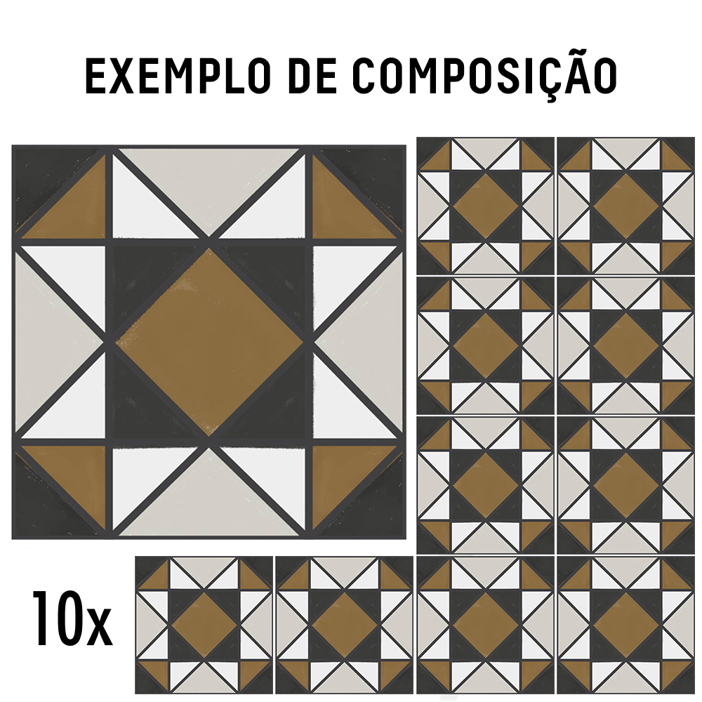 Composition_Pack10 PT | Casadart | Vinis Autocolantes, Papel de Parede e Painéis Decorativos Geometric tile composition: large square with black, beige, white and brown triangles forming a central brown diamond in the center panel (Exemplo de composição).