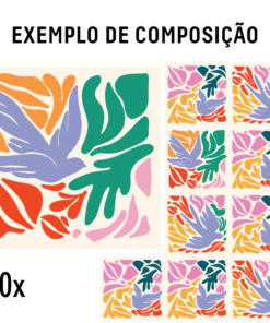Abstract collage of colorful shapes (orange, green, purple, pink, red) on a light background; large square left and a 3x3 grid of similar squares to the right; labeled 'EXEMPLO DE COMPOSIÇÃO' with '10x' indicating repetition.