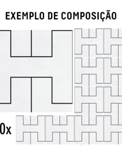 Exemplo de composição: grande figura abstrata à esquerda, padrões encaixados à direita e '10x' no canto inferior esquerdo questionalmente repetido.
