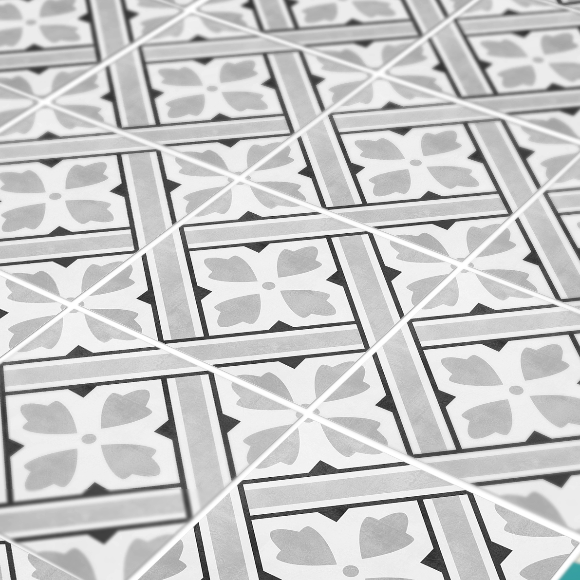Details-Prescpective | Casadart | Vinis Autocolantes, Papel de Parede e Painéis Decorativos Grayscale close-up of decorative floor tiles with a repeating square pattern and a four-petal floral motif in each tile.