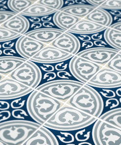 Decorative tile pattern with white circular medallions on a navy blue background