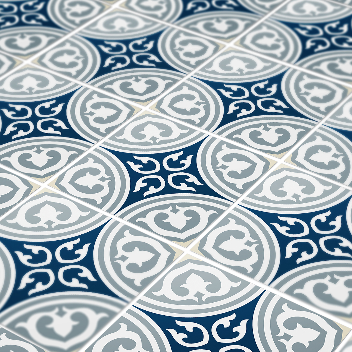 Details-Prescpective | Casadart | Vinis Autocolantes, Papel de Parede e Painéis Decorativos Decorative tile pattern with white circular medallions on a navy blue background