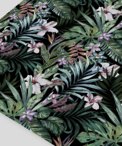 Tropical plant pattern with green palm leaves and pink and white flowers on a dark background.