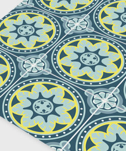 Decorative tile pattern featuring overlapping blue and yellow circular mandalas with dotted borders, forming a seamless design.