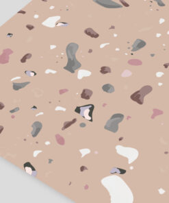 Beige terrazzo texture with irregular multicolored chips in white, pink, gray, and brown patterns on a pale background, close-up view.