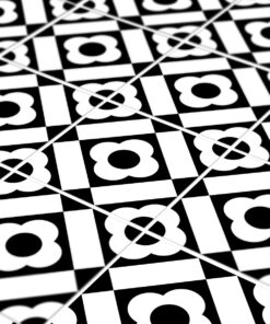 Decorative black-and-white checkerboard pattern with white flower shapes and diagonal lines across the tiles, repeating design