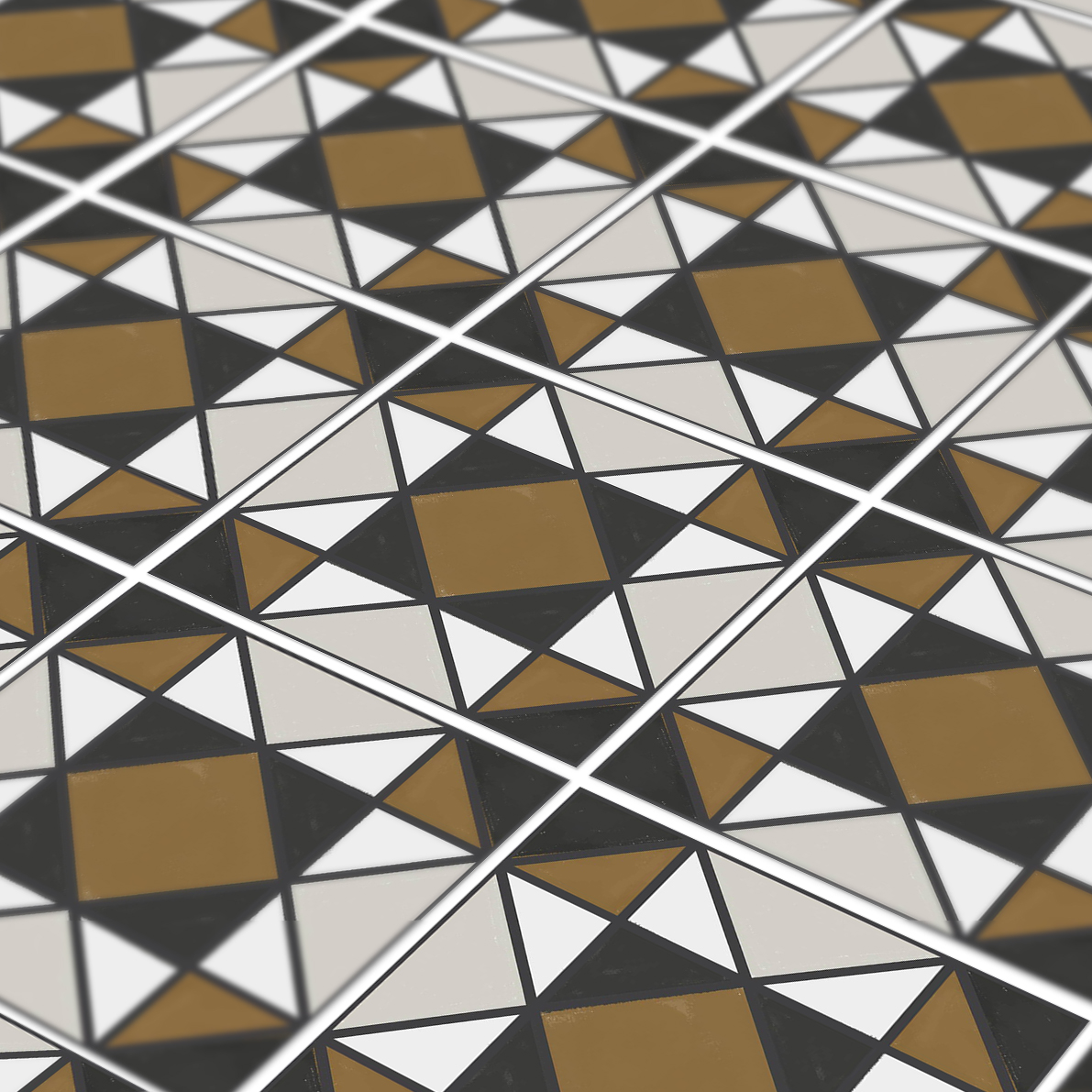 Details-Prescpective-V2 copy | Casadart | Vinis Autocolantes, Papel de Parede e Painéis Decorativos Close-up of geometric tile floor with white, black, and gold triangles forming diamonds.