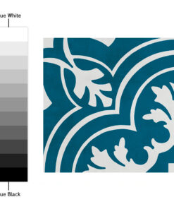 Left: grayscale gradient from white to black labeled True White/True Black; right: teal ornamental scrolling pattern on a light background.