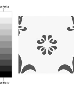 Left: grayscale gradient bar labeled True White to True Black; right: decorative square tile with gray floral/corner patterns on a pale background.