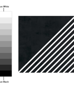 Vertical grayscale bar from True White to True Black on the left, adjacent to a dark textured square with diagonal white stripes across the bottom-right area.