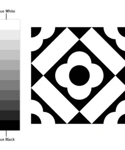 Black-and-white decorative tile with a central diamond motif and curved corner shapes; left shows a vertical grayscale gradient labeled True White to True Black.