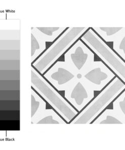 Grayscale gradient from white to black beside a decorative grayscale tile pattern with diamond frames and a central four-leaf motif.