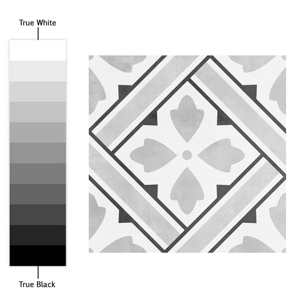 Escale | Casadart | Vinis Autocolantes, Papel de Parede e Painéis Decorativos Grayscale gradient from white to black beside a decorative grayscale tile pattern with diamond frames and a central four-leaf motif.