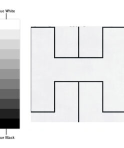 Gray scale bar from True White to True Black beside a light square with a black-outlined abstract geometric cutout of a stepped path.