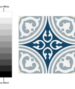 Decorative tile design with a dark blue central diamond and light gray ornamental borders in four corners; grayscale color swatch on the left labeled from white to black.
