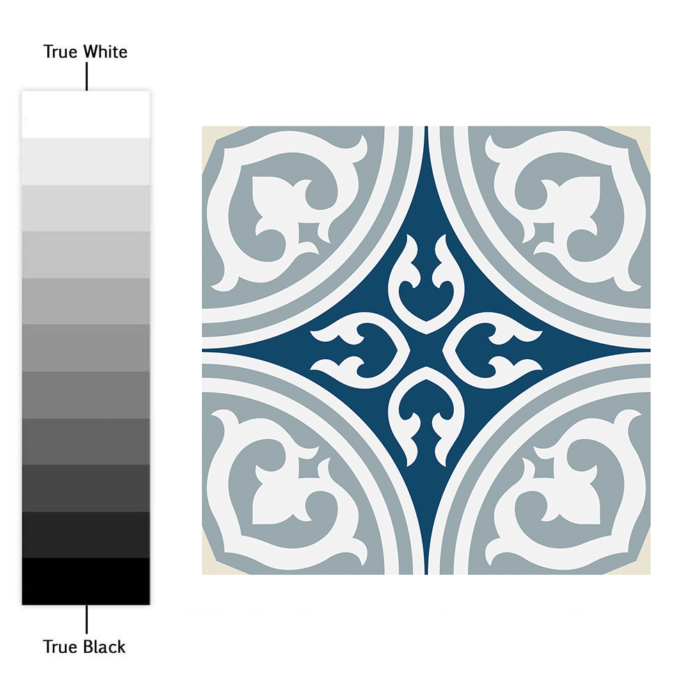 Escale | Casadart | Vinis Autocolantes, Papel de Parede e Painéis Decorativos Decorative tile design with a dark blue central diamond and light gray ornamental borders in four corners; grayscale color swatch on the left labeled from white to black.