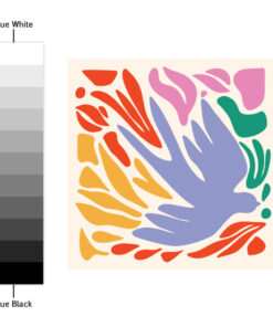 Abstract artwork featuring a purple-blue bird in flight surrounded by red, orange, yellow, pink, and green shapes, with a vertical grayscale color swatch labeled True White to True Black on the left.