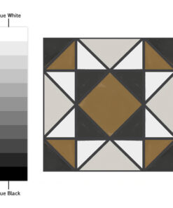 Geometric quilt block with a central brown diamond surrounded by black, white, and gray triangles; a grayscale color swatch runs along the left.