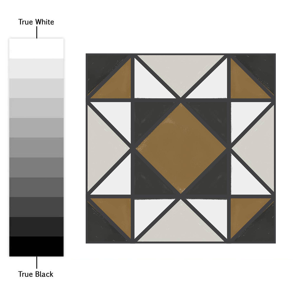 Escale copy | Casadart | Vinis Autocolantes, Papel de Parede e Painéis Decorativos Geometric quilt block with a central brown diamond surrounded by black, white, and gray triangles; a grayscale color swatch runs along the left.