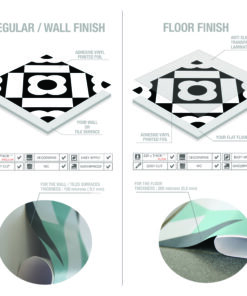 Split-screen infographic comparing wall finish (left) and floor finish (right) with sample circular material images at the bottom.