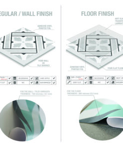 Split image comparing wall finish (left) vs floor finish (right) with labeled sample tiles and finish notes.
