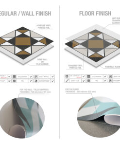 Comparison of wall finish (left) and floor finish (right) with geometric tile panels and finish labels; shows samples and surface options.
