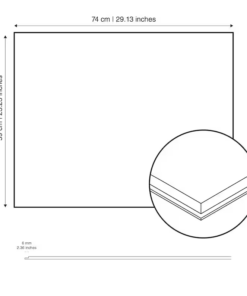 Dimensioned drawing of a square panel 74 cm by 59 cm with a magnified view of the beveled, layered edge at the bottom-right corner.