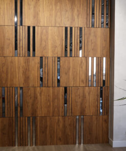 Wood-paneled wall with alternating vertical black glass strips, creating a modern interior feature. Right side shows a light gray wall and plant leaves.
