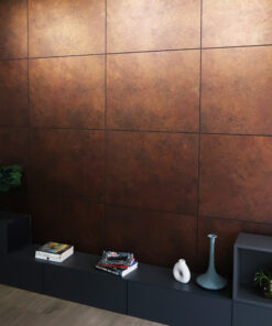 Black storage bench with stacked magazines against a rust-colored tiled wall, decorative vases on the right, and a plant in the corner.
