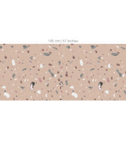 Terrazzo-style sample with pink-beige base and irregular gray, white, and pink chips; dimensions shown along edges.