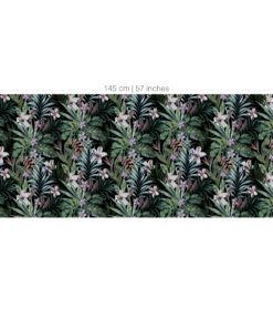 Dense tropical foliage pattern with green leaves and pink/white flowers; decorative wallpaper or fabric sample.